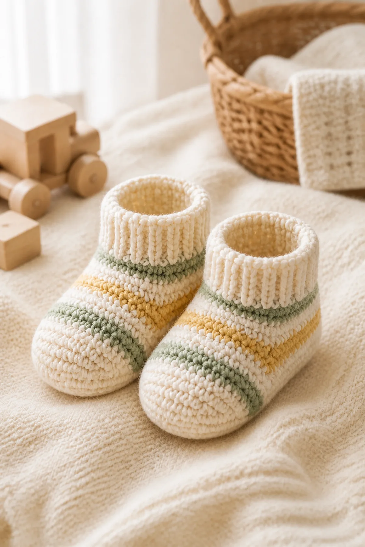Finished easy crochet striped baby booties styled in a bright natural setting