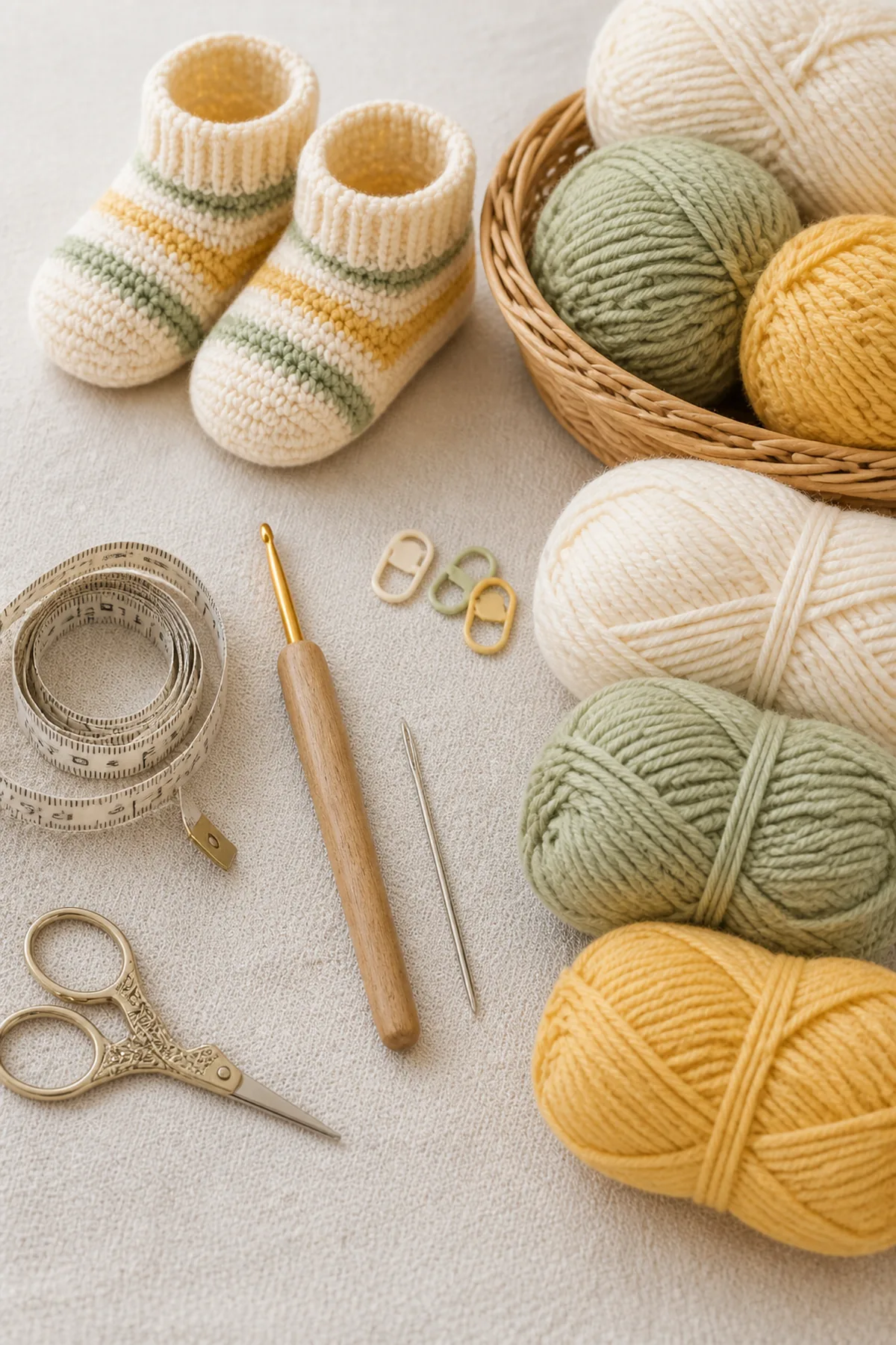 Yarn, crochet hook, stitch markers, yarn needle, tape measure, and scissors for easy crochet striped baby booties