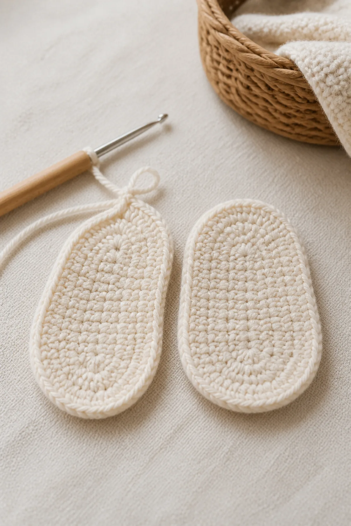 Early crochet construction stage for easy crochet striped baby booties with working yarn and hook