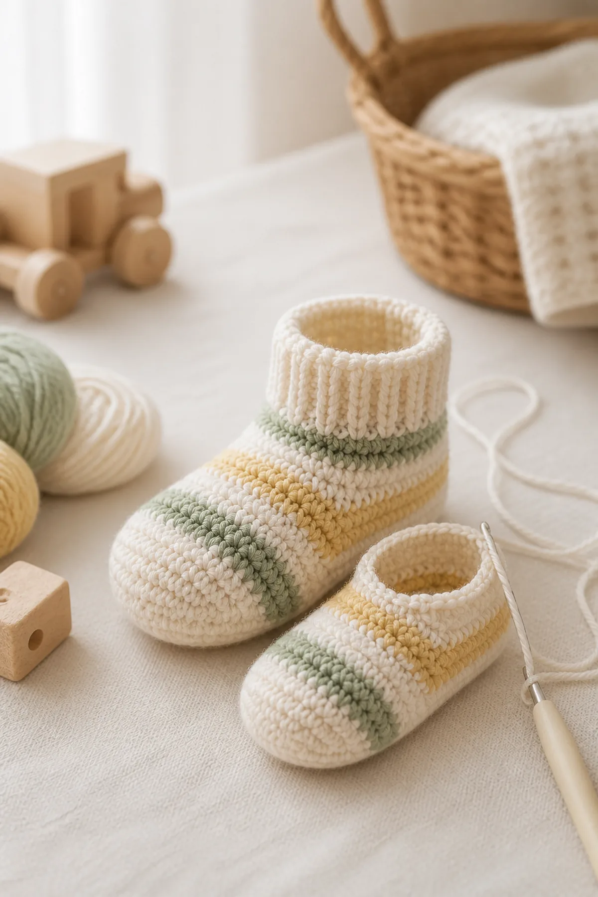 Mid-process crochet construction and shaping for easy crochet striped baby booties