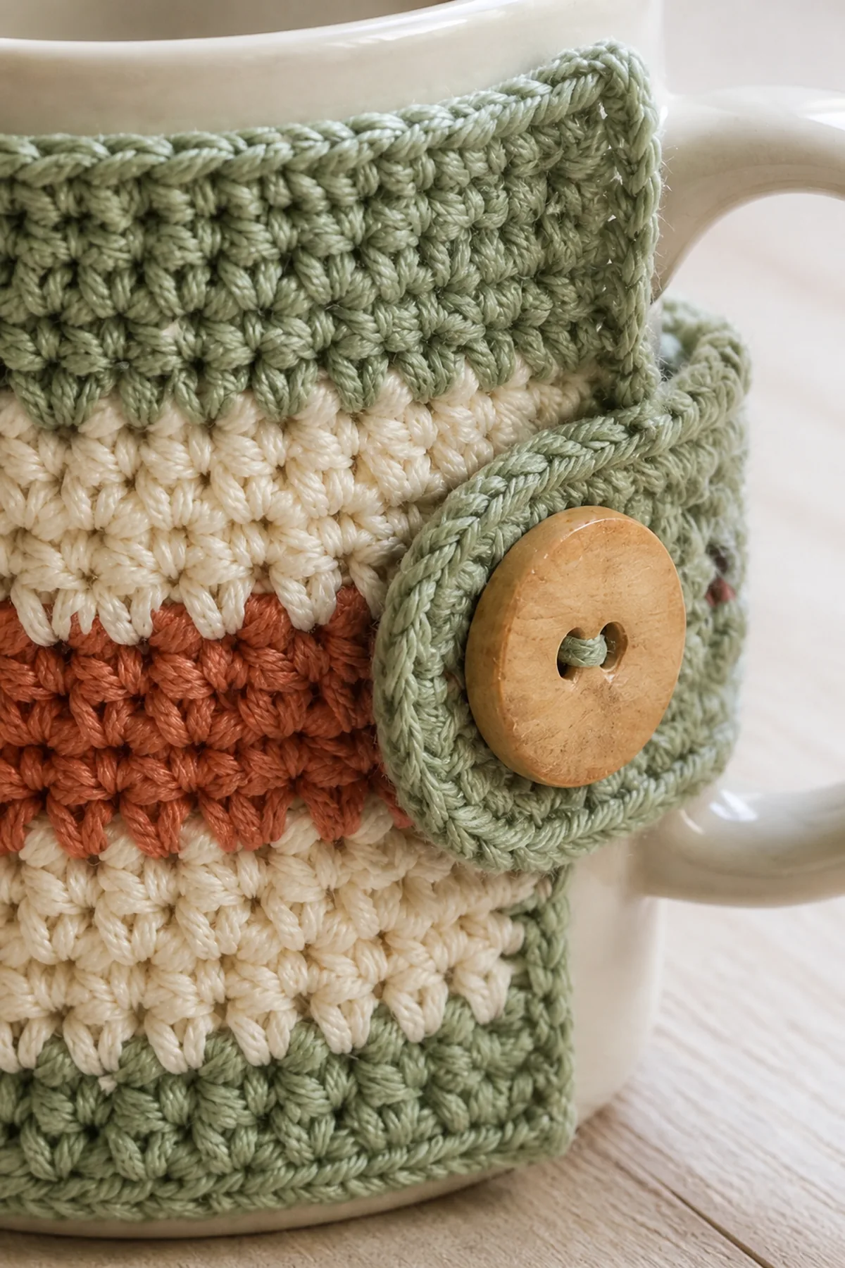 Close-up of the stitch texture and finishing details on easy crochet striped mug cozy for beginners