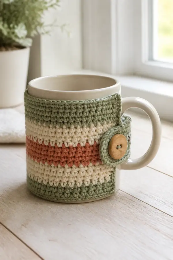 Finished easy crochet striped mug cozy for beginners displayed with a clean handmade finish
