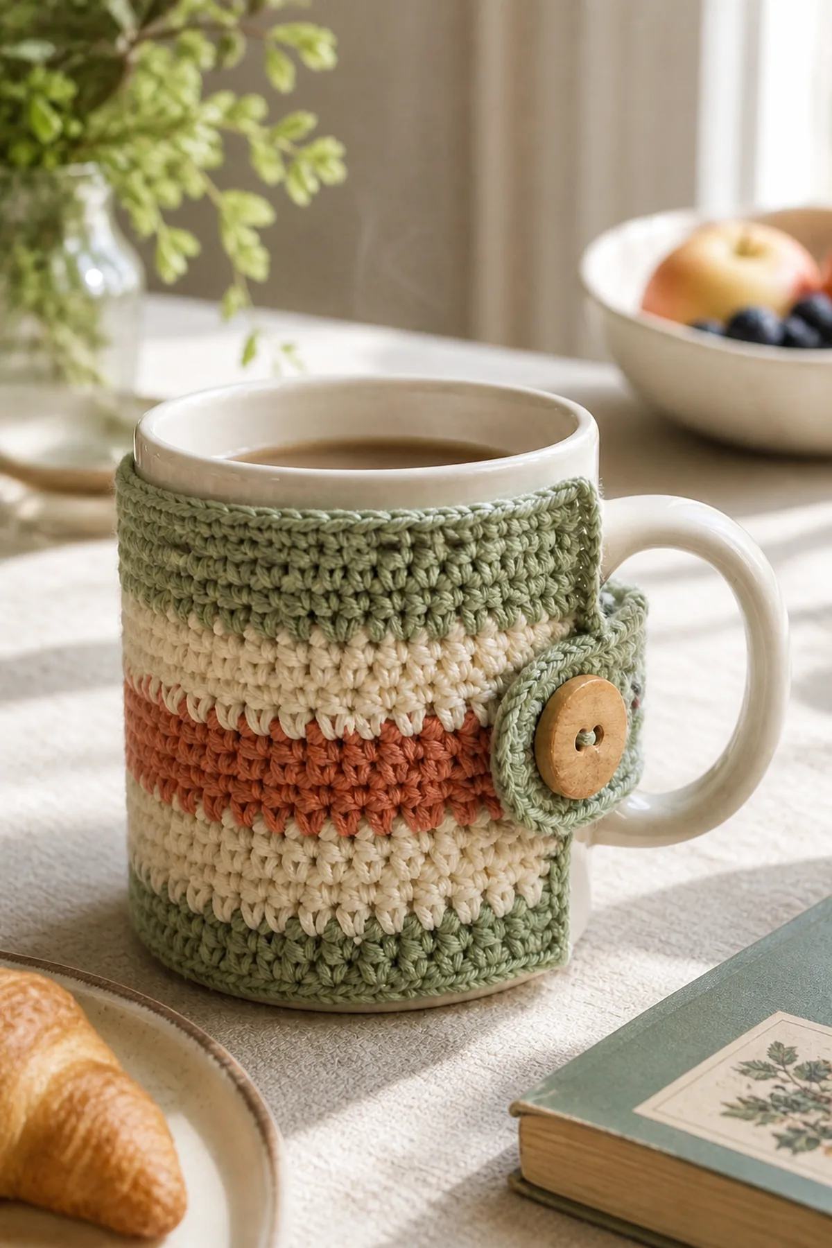 Finished easy crochet striped mug cozy for beginners styled in a bright natural setting
