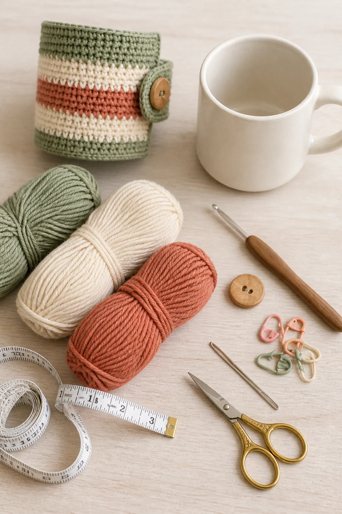 Yarn, crochet hook, stitch markers, yarn needle, tape measure, and scissors for easy crochet striped mug cozy for beginners