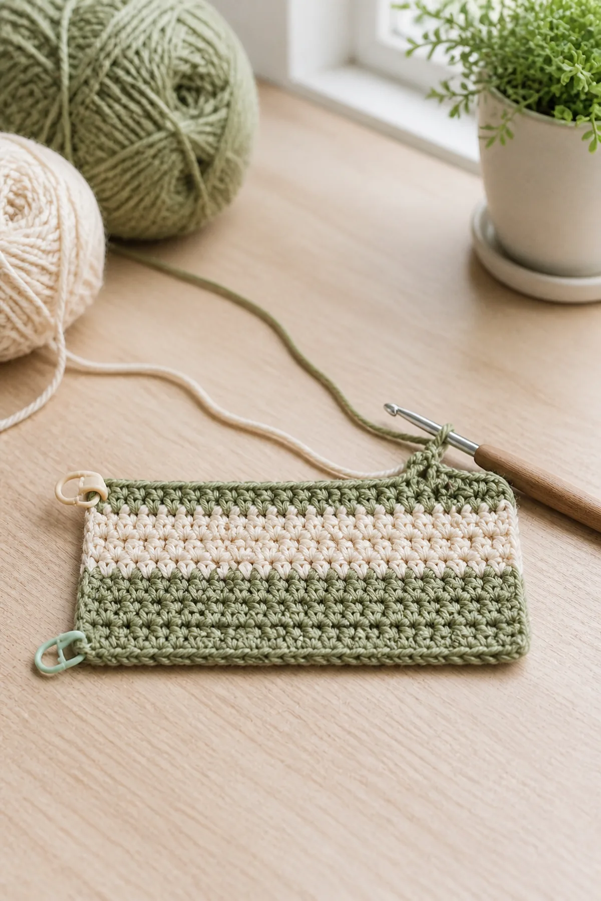 Early crochet construction stage for easy crochet striped mug cozy for beginners with working yarn and hook