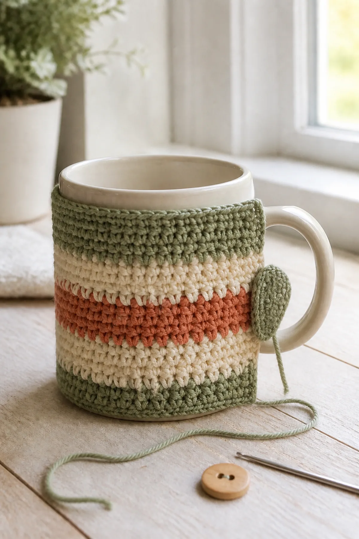 Mid-process crochet construction and shaping for easy crochet striped mug cozy for beginners