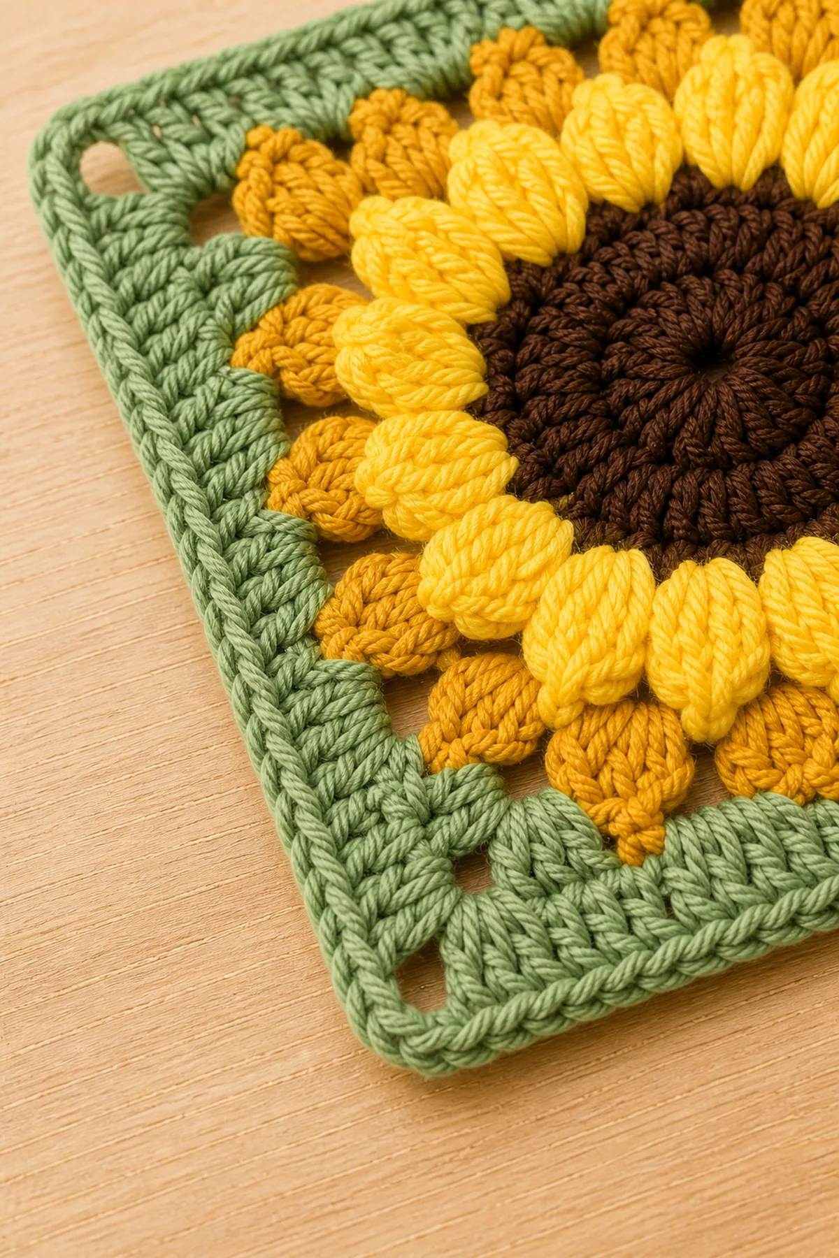 Close-up of sage-green corner stitches and textured yellow sunflower petals