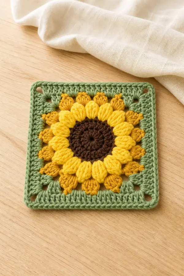 Finished crochet sunflower granny square with brown center, yellow petals, and sage-green border