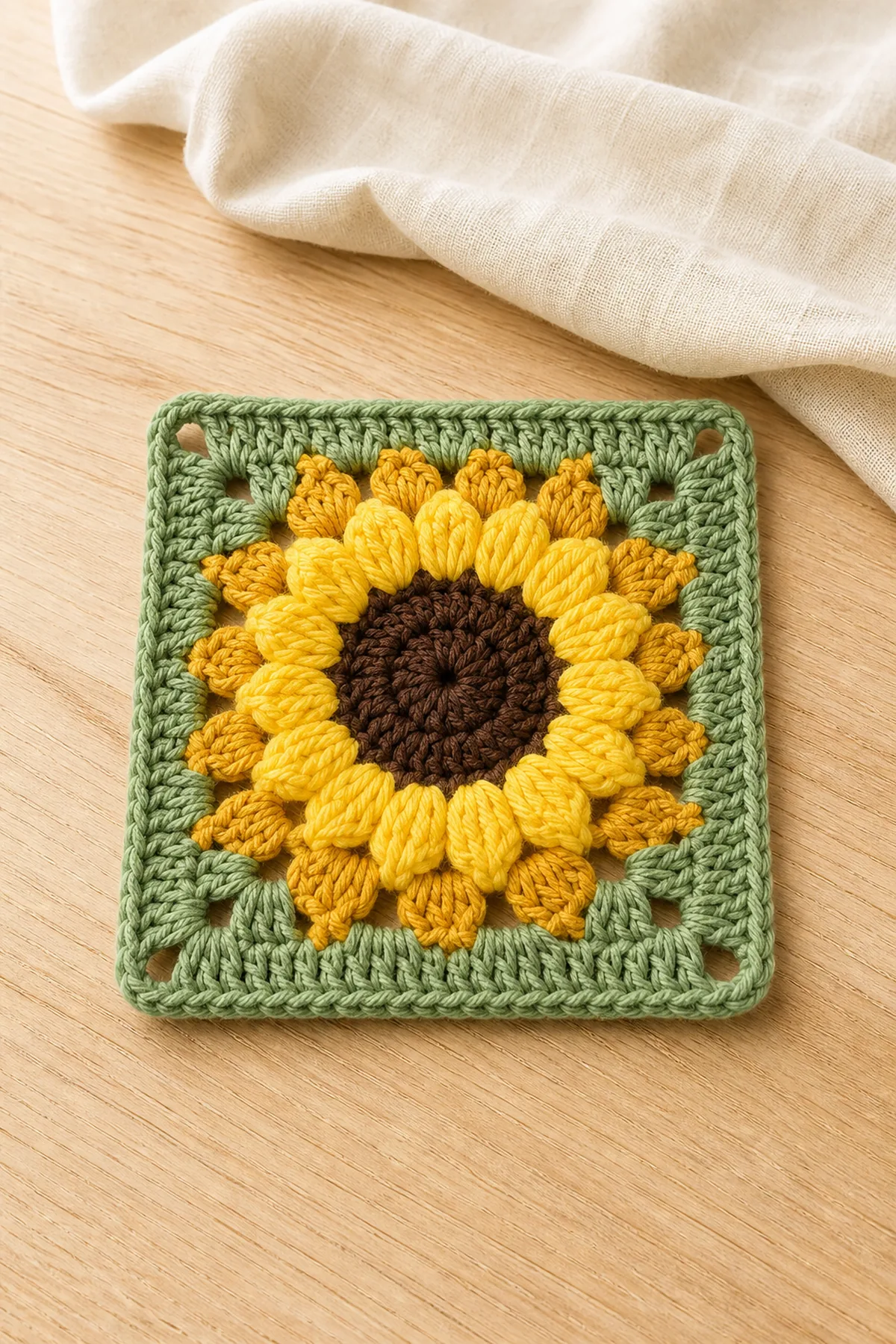 Finished crochet sunflower granny square with brown center, yellow petals, and sage-green border