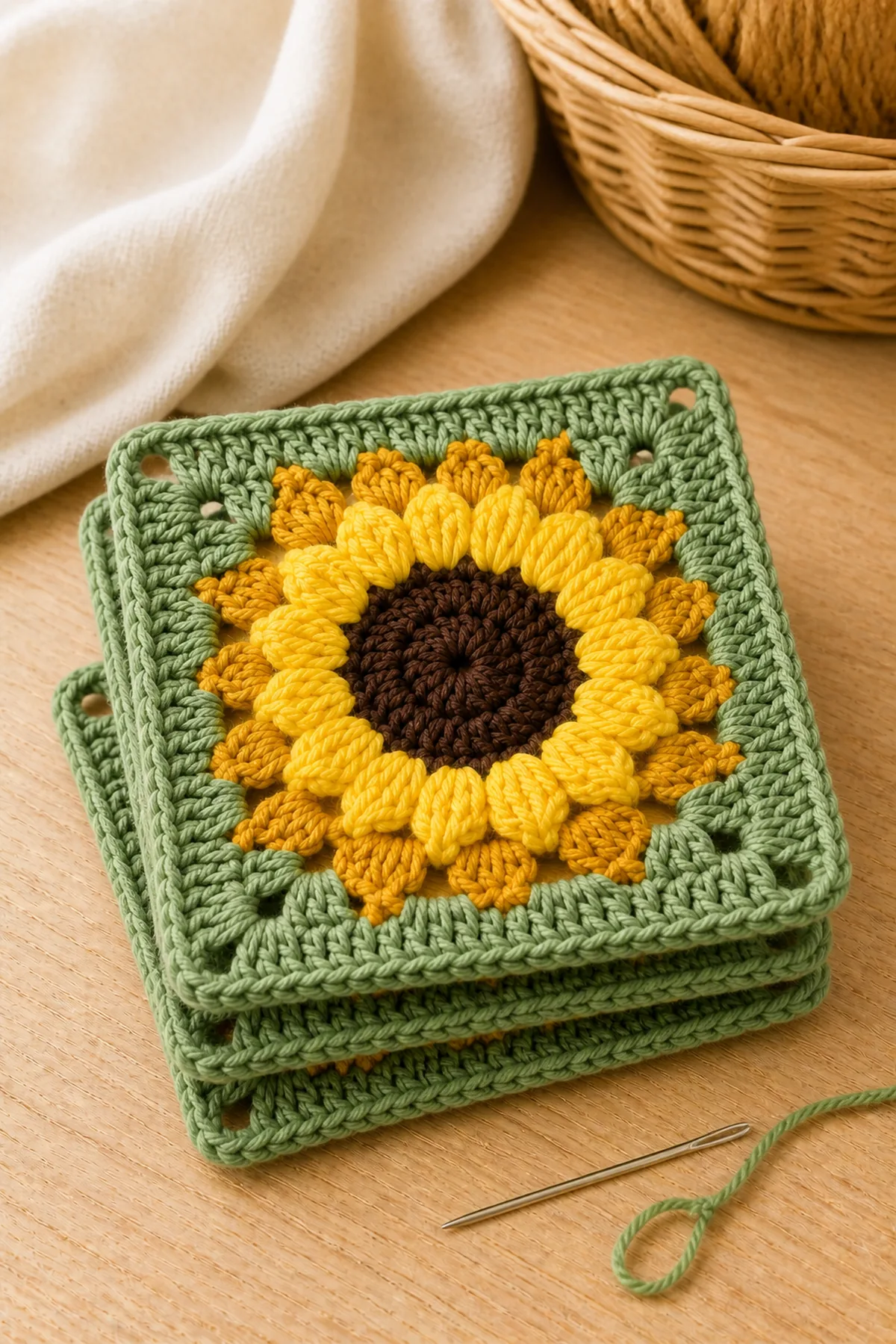 Stack of completed sunflower granny squares ready to join into a crochet project