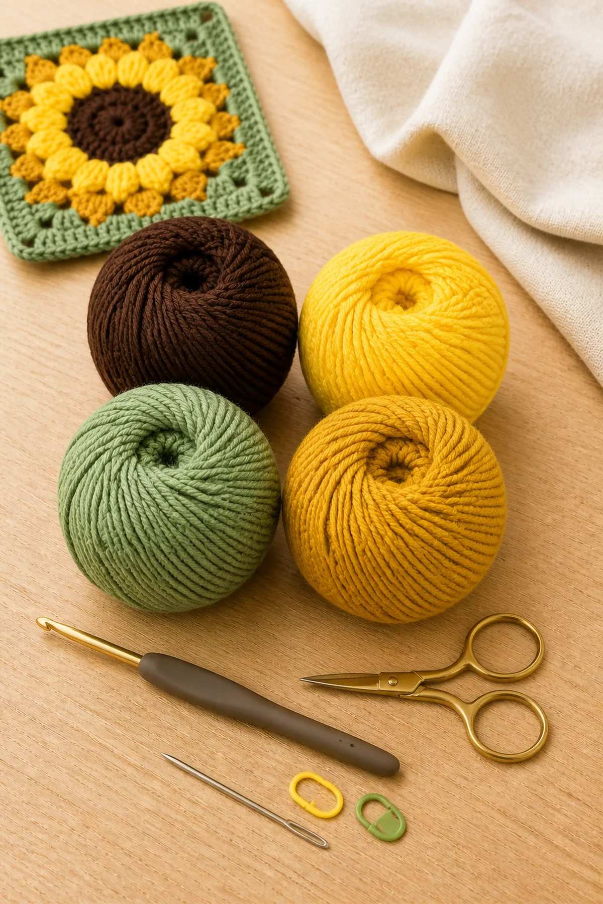 Brown, yellow, gold, and sage cotton yarn with hook and tools for a sunflower square