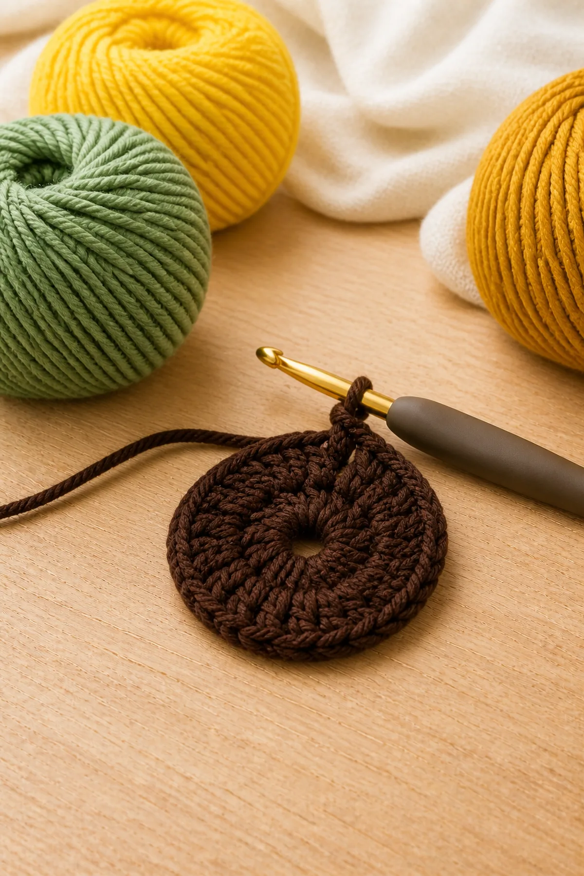 Chocolate-brown first round of double crochet stitches for the sunflower center