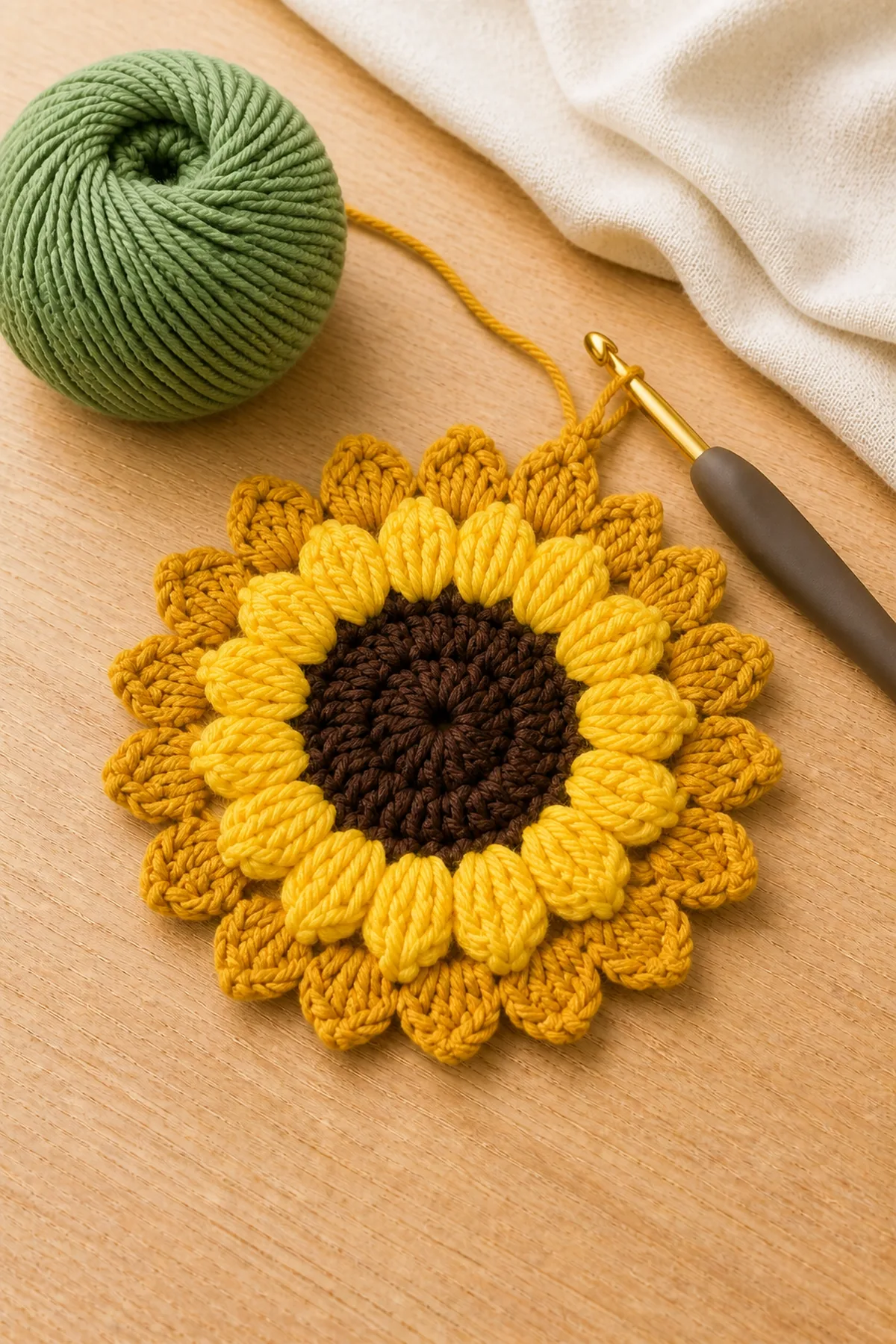 Round sunflower motif with bright puff petals and golden clusters before the green border