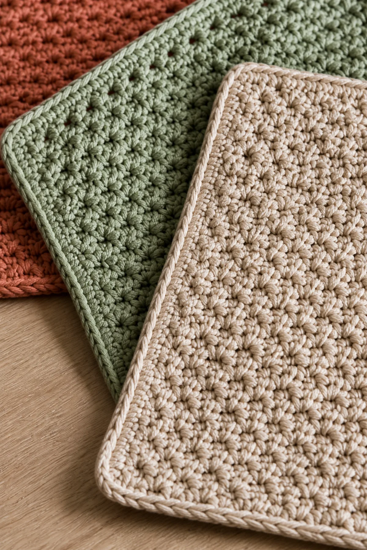 Close-up of the stitch texture and finishing details on easy crochet textured cotton dishcloth set for beginners