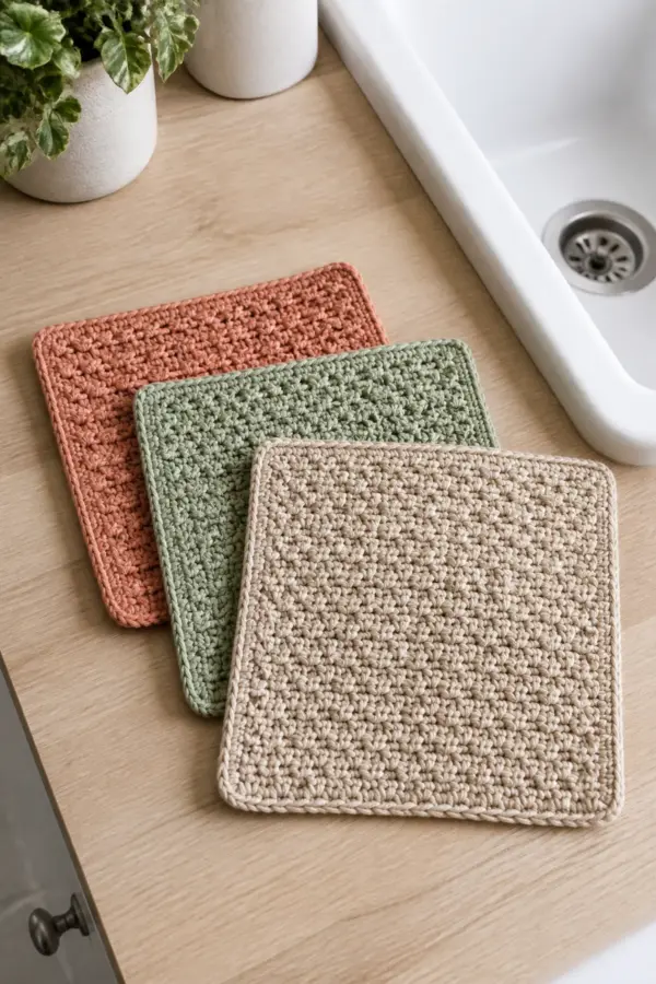 Finished easy crochet textured cotton dishcloth set for beginners displayed with a clean handmade finish