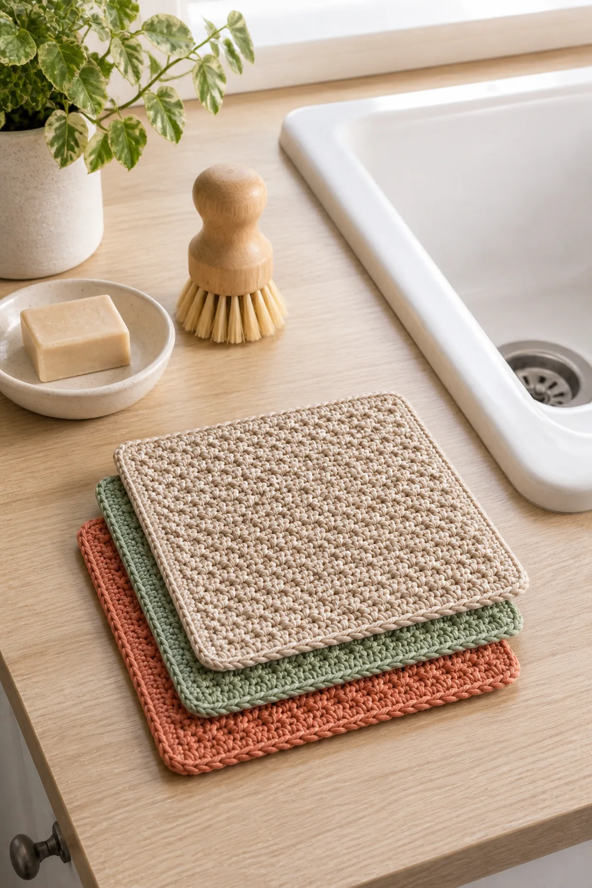 Finished easy crochet textured cotton dishcloth set for beginners styled in a bright natural setting