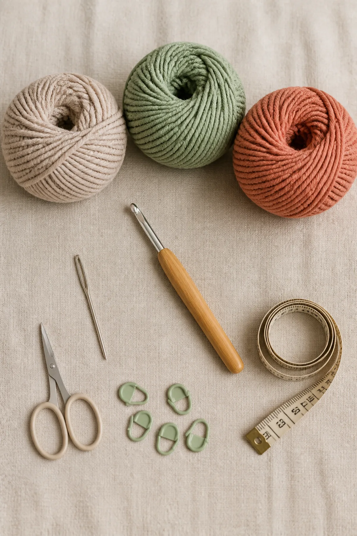Yarn, crochet hook, stitch markers, yarn needle, tape measure, and scissors for easy crochet textured cotton dishcloth set for beginners
