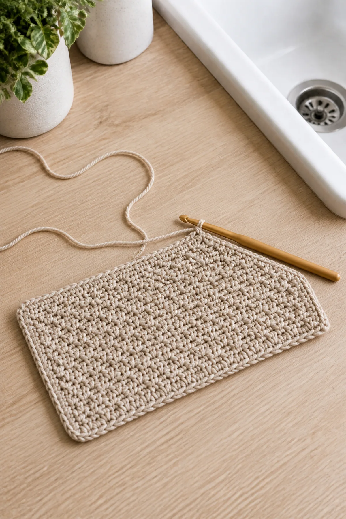 Early crochet construction stage for easy crochet textured cotton dishcloth set for beginners with working yarn and hook
