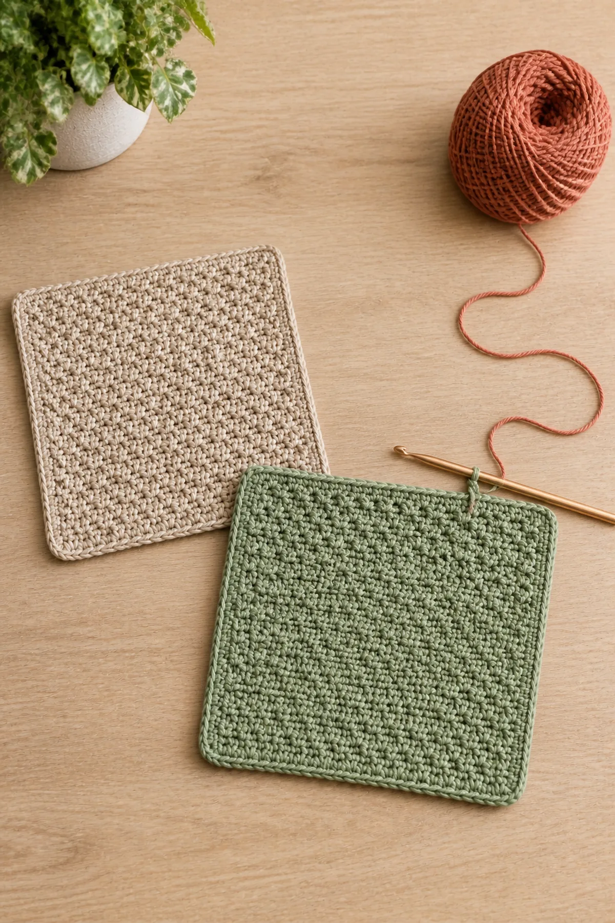 Mid-process crochet construction and shaping for easy crochet textured cotton dishcloth set for beginners