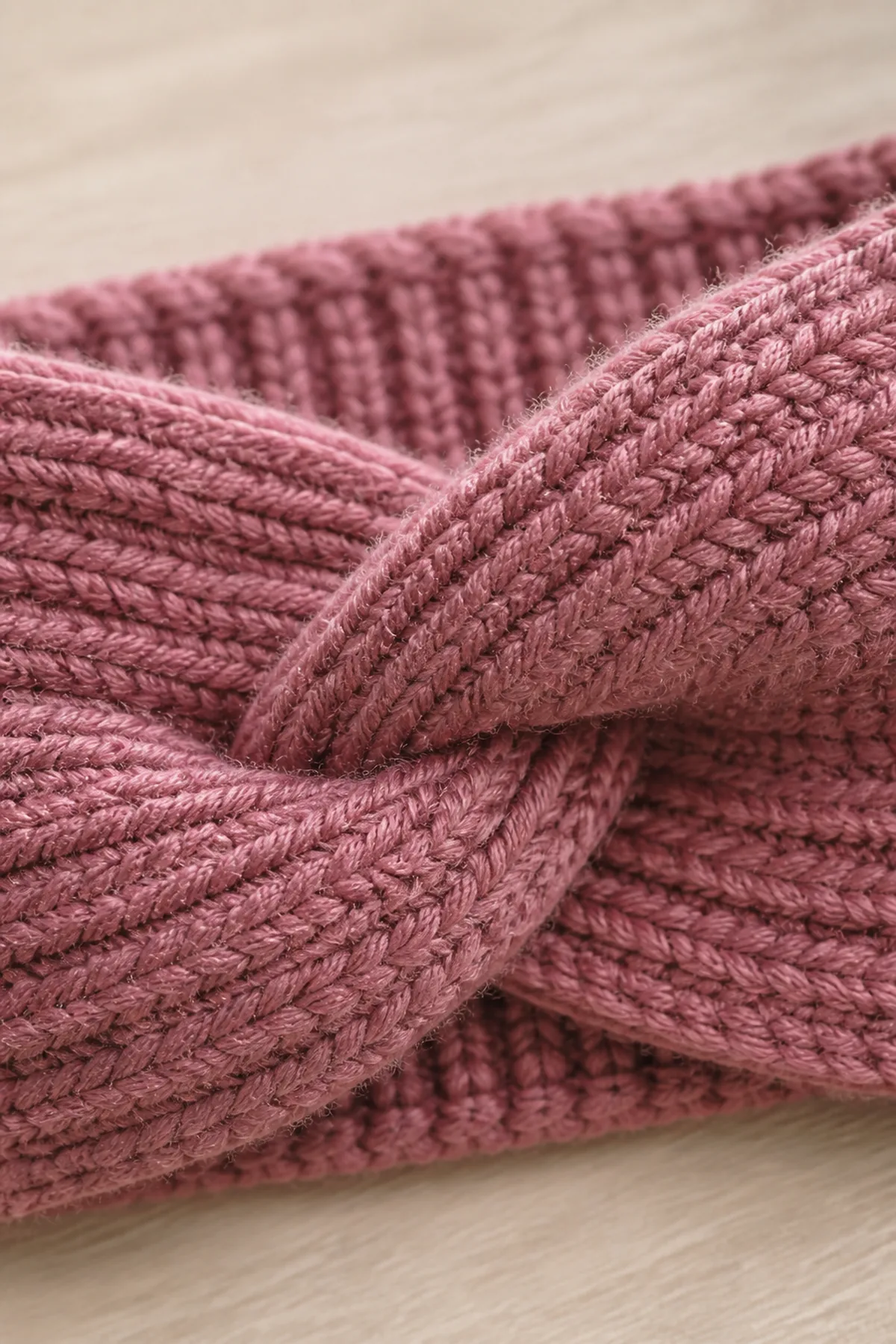 Close-up of the stitch texture and finishing details on easy crochet twisted ear warmer