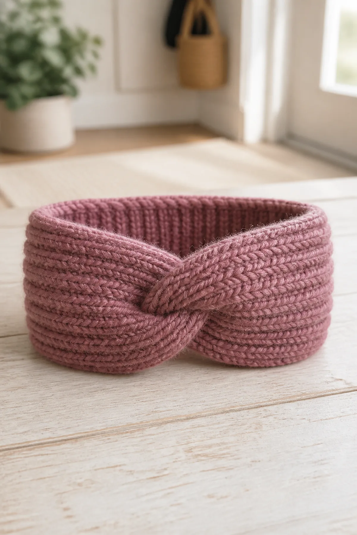 Finished easy crochet twisted ear warmer displayed with a clean handmade finish