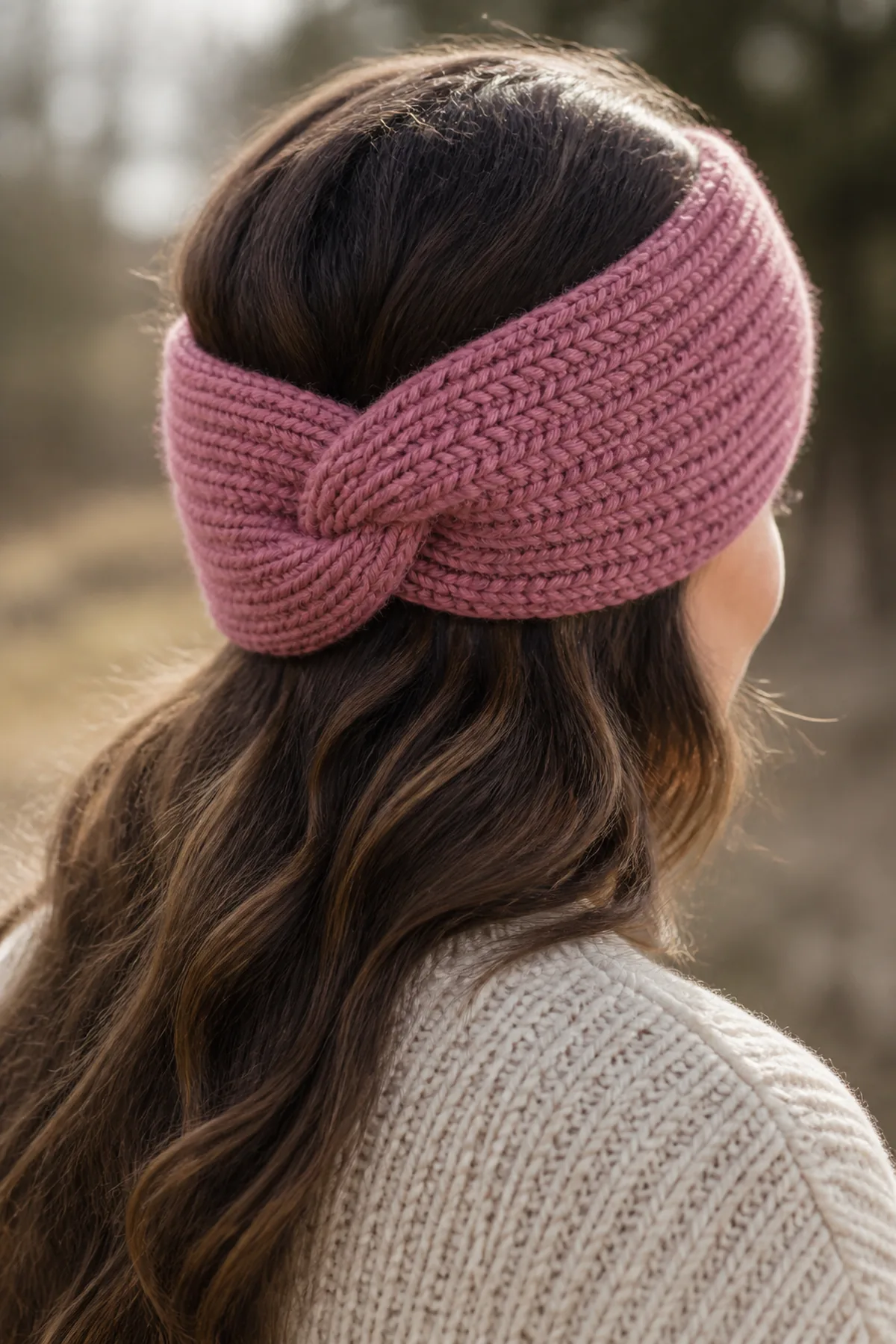 Finished easy crochet twisted ear warmer styled in a bright natural setting