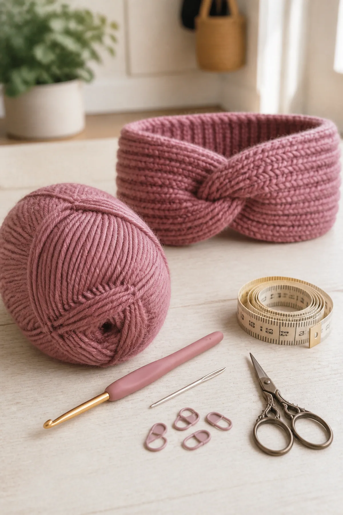 Yarn, crochet hook, stitch markers, yarn needle, tape measure, and scissors for easy crochet twisted ear warmer