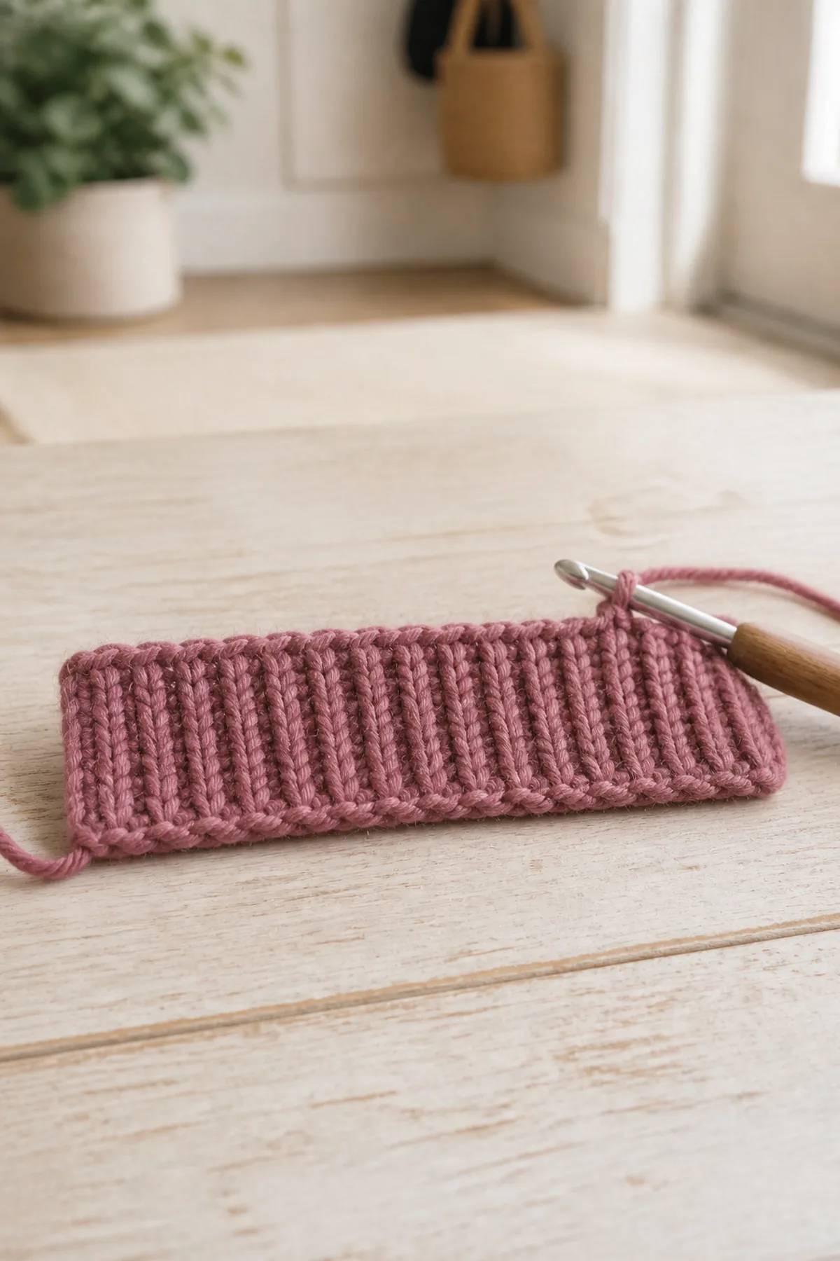 Early crochet construction stage for easy crochet twisted ear warmer with working yarn and hook