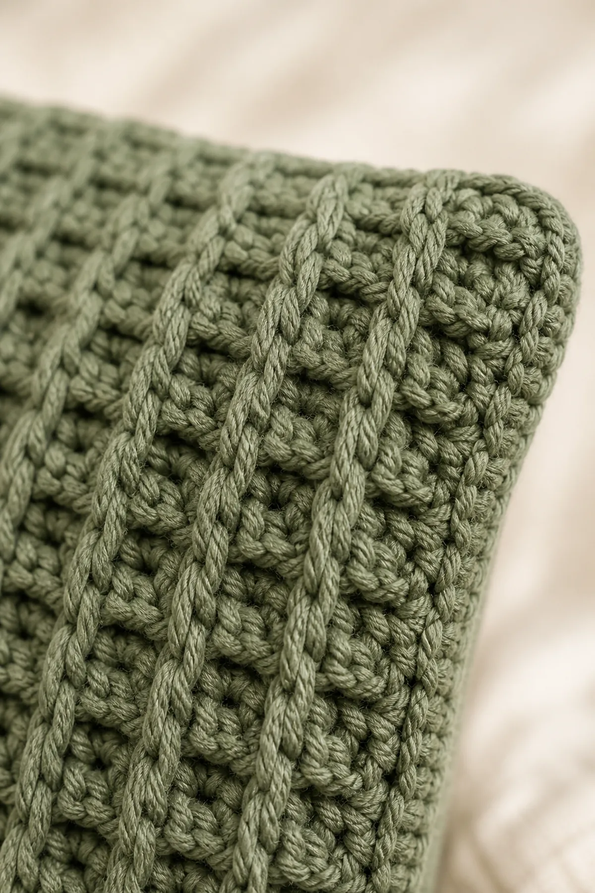 Close-up of deep sage waffle squares, raised ribs, and a neat pillow seam