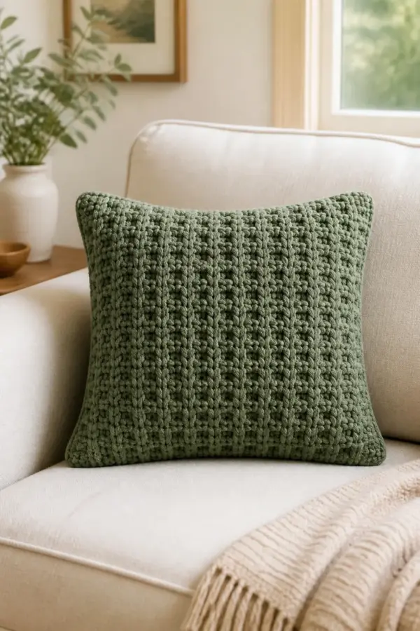 Finished muted-sage crochet throw pillow with deep waffle-stitch texture on a cream sofa