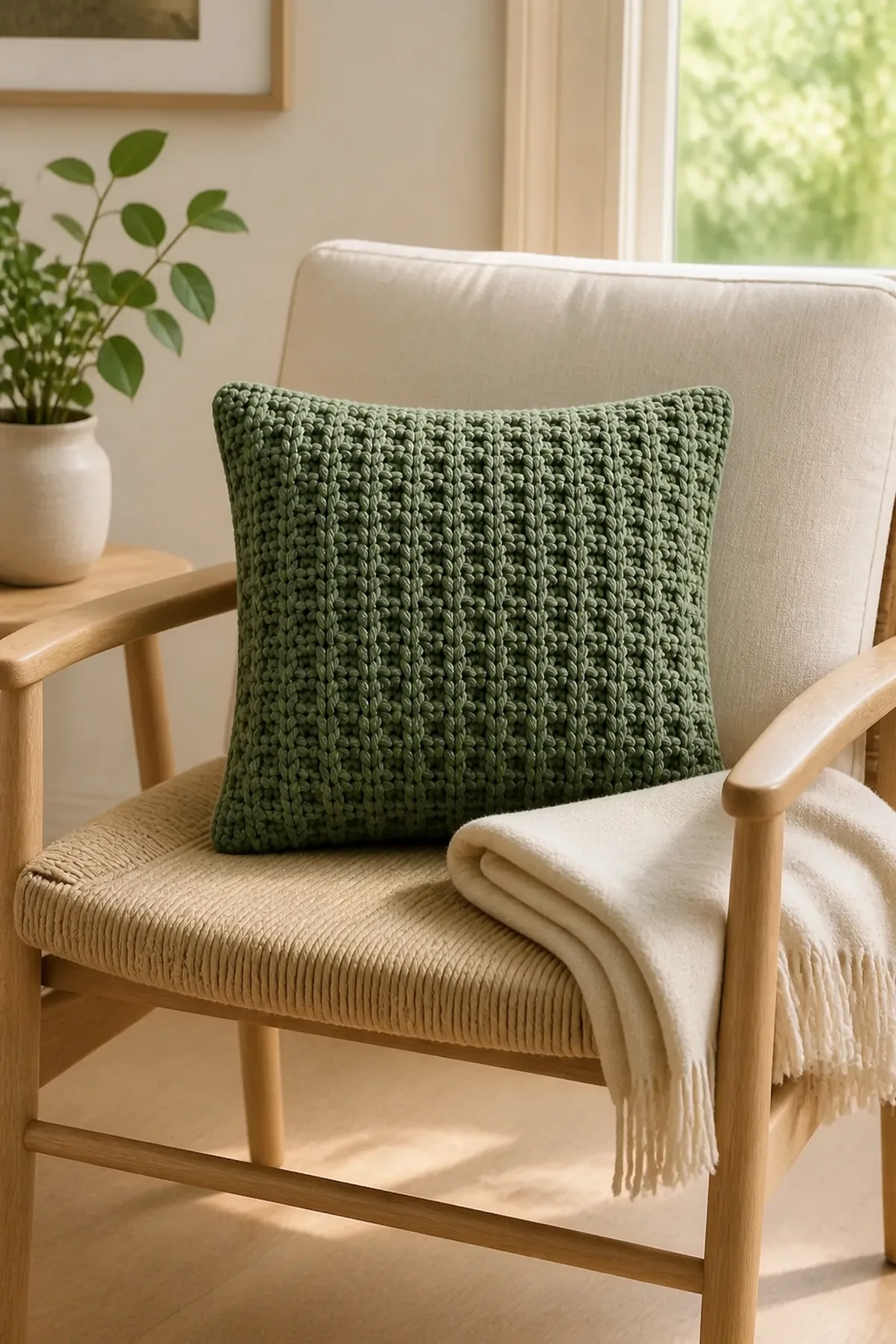 Completed sage waffle-stitch pillow on a pale wooden reading chair