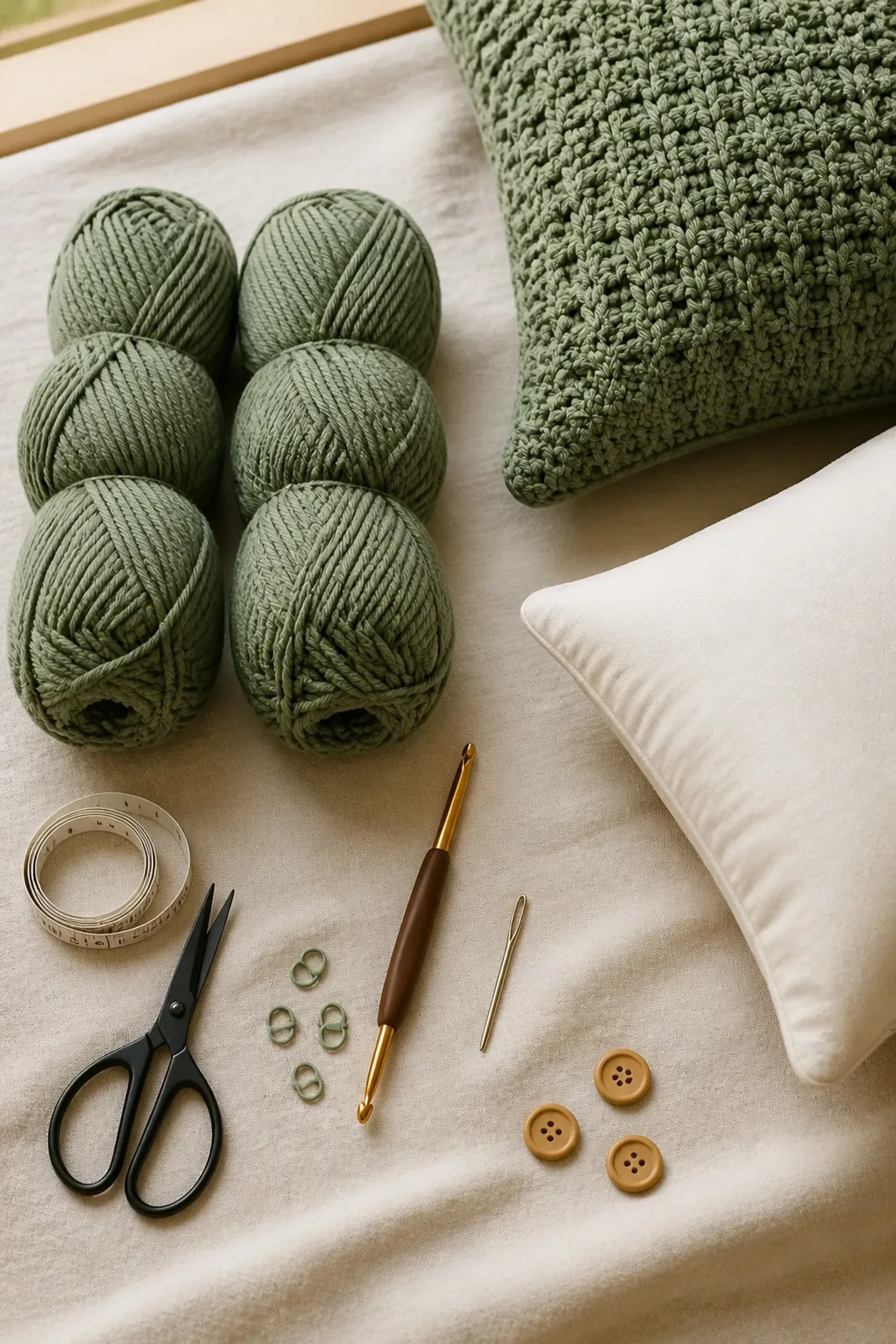 Sage yarn, crochet hook, pillow insert, markers, scissors, tape measure, needle, and optional buttons