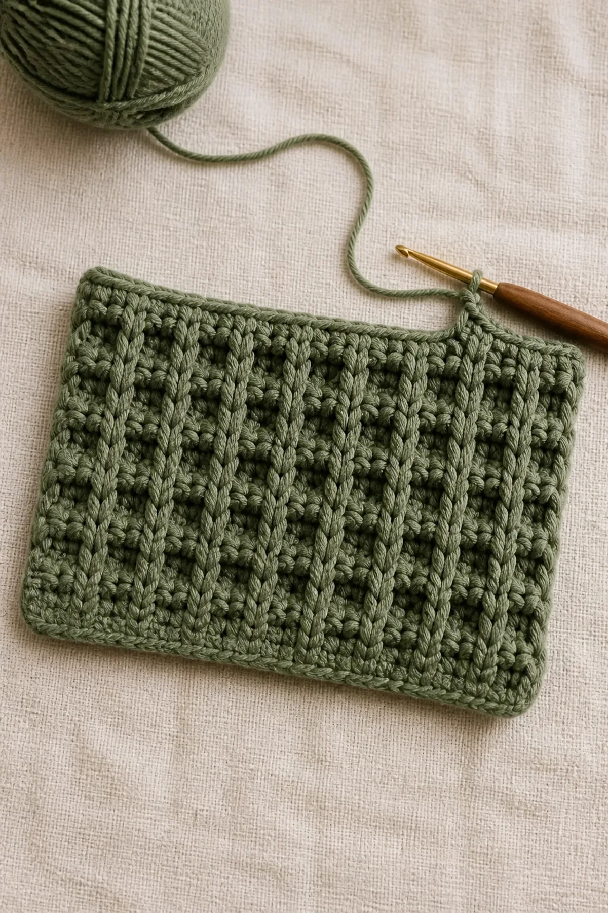 First sage waffle-stitch rows showing raised front-post columns