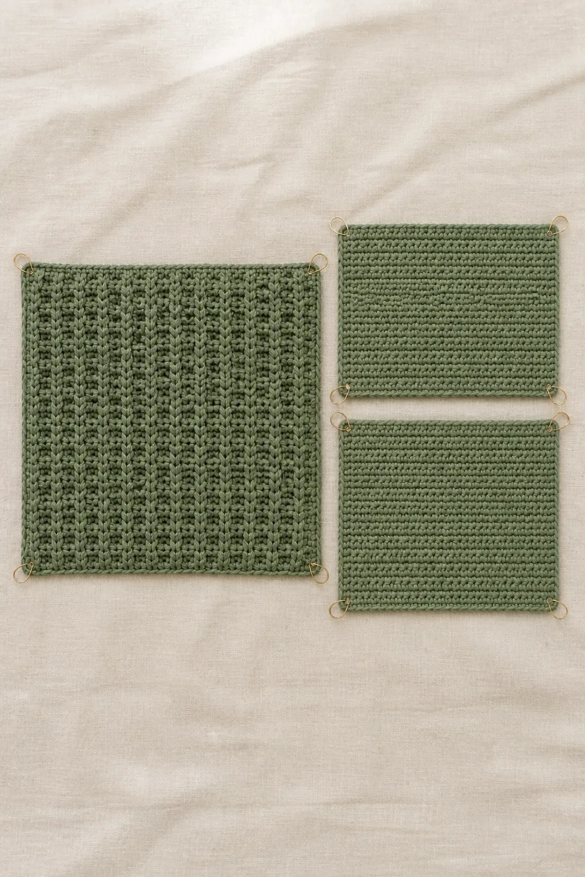 Waffle-stitch front panel beside two smooth envelope-back panels