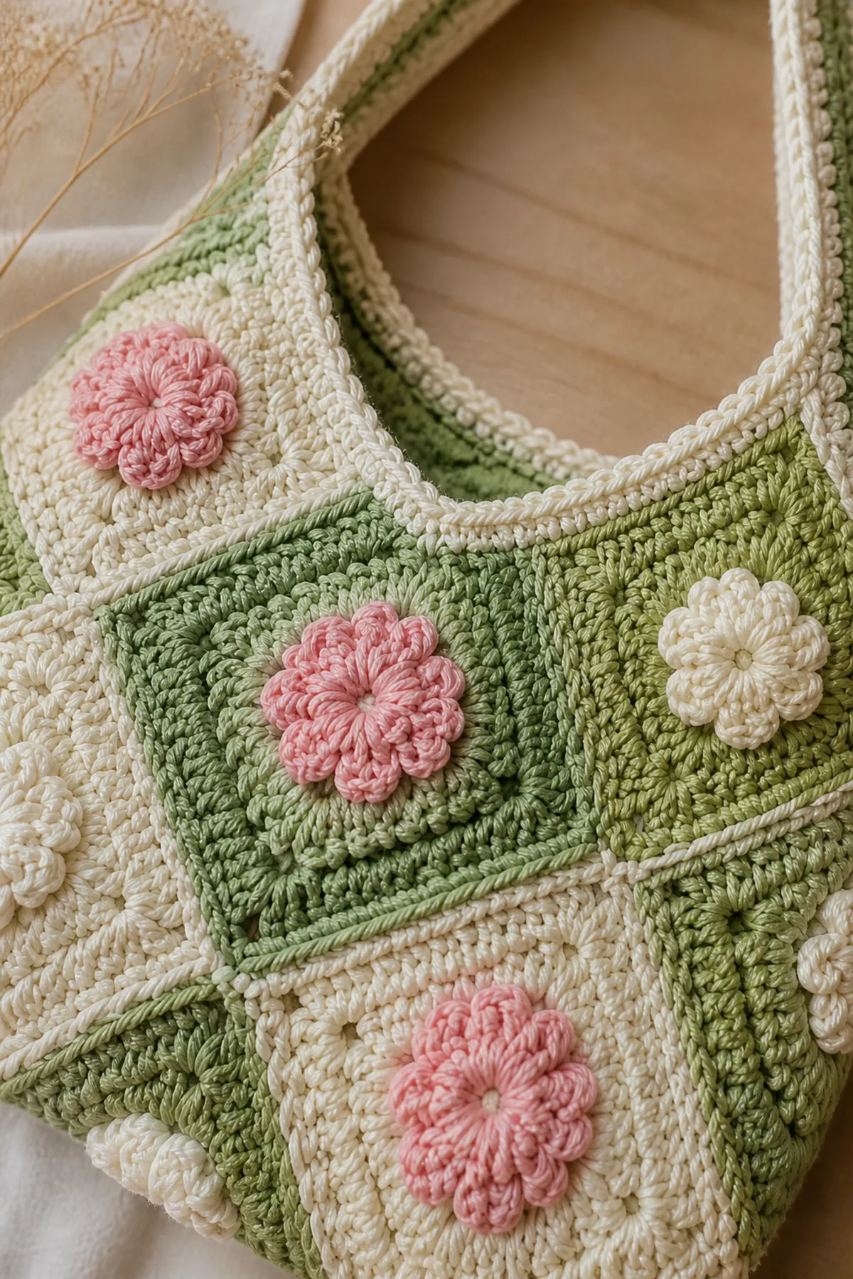Close-up of the stitch texture and finishing details on floral patchwork crochet mini bag