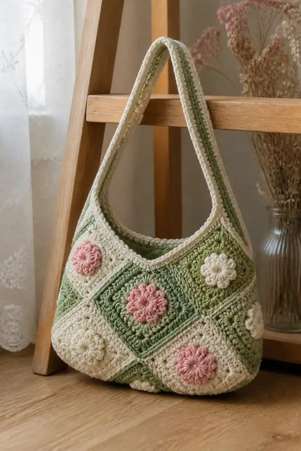 Finished floral patchwork crochet mini bag displayed with a clean handmade finish