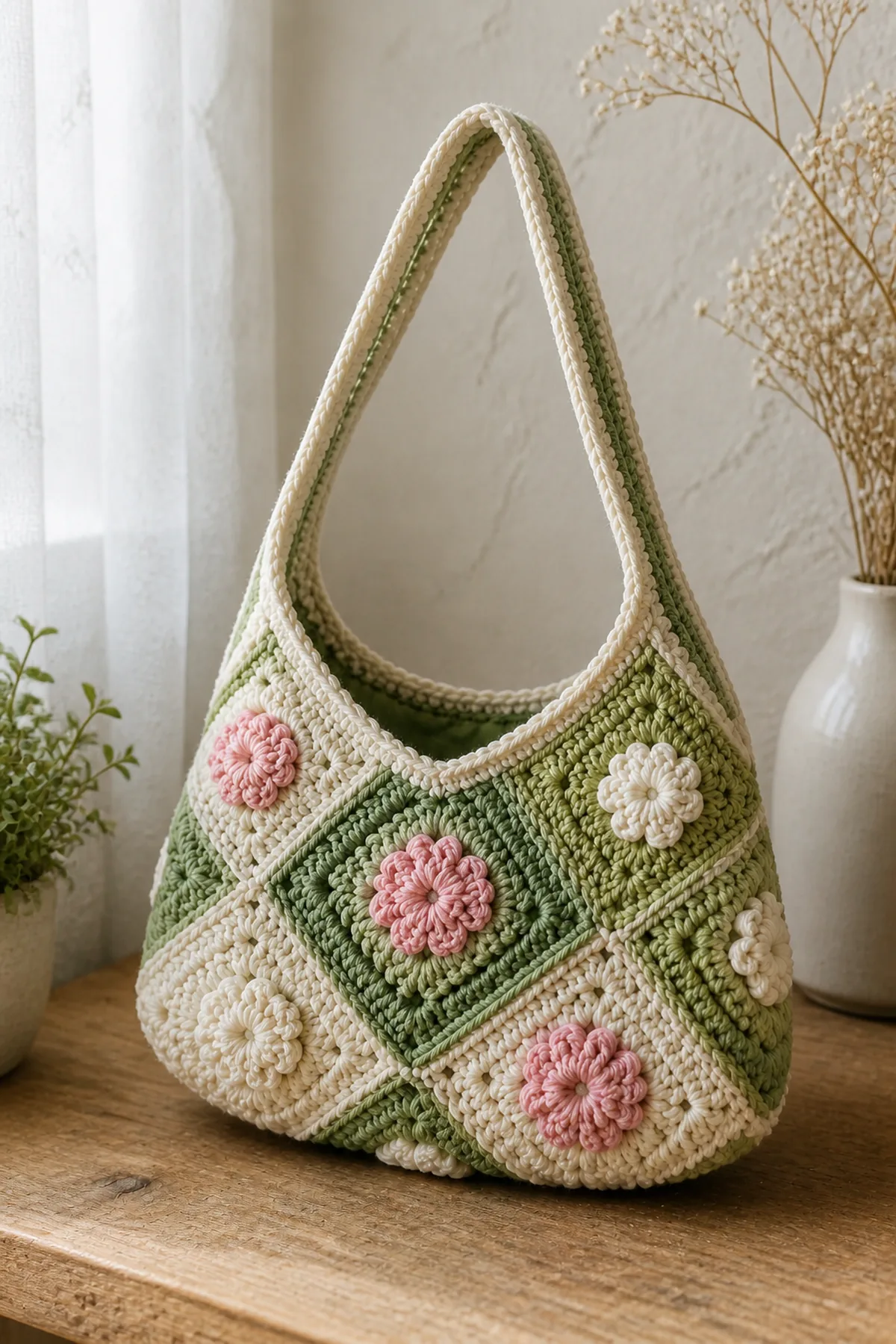 Finished floral patchwork crochet mini bag styled in a bright natural setting