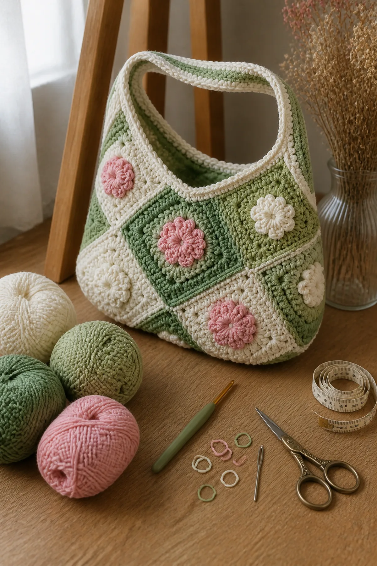 Yarn, crochet hook, stitch markers, yarn needle, tape measure, and scissors for floral patchwork crochet mini bag