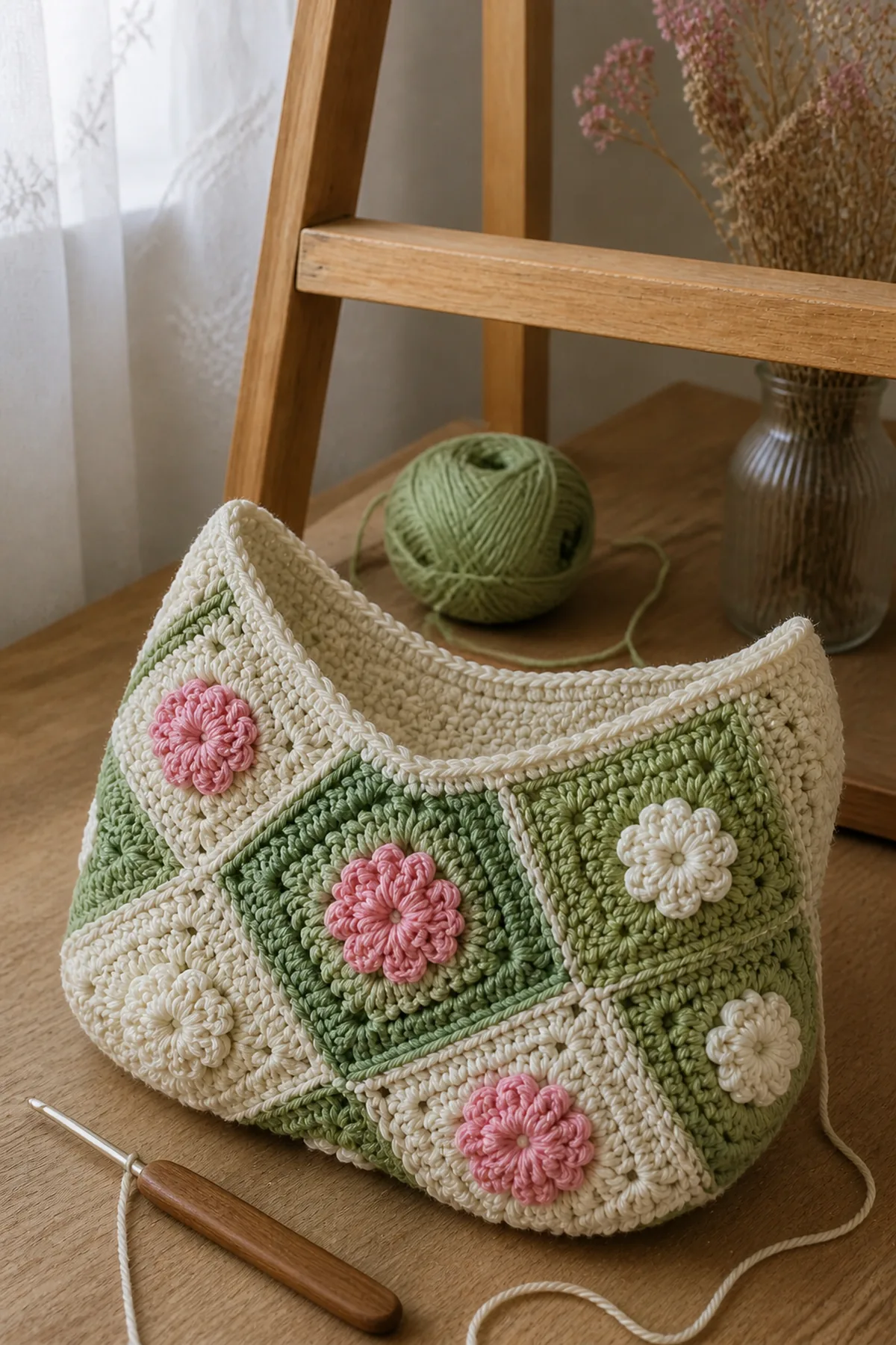 Early crochet construction stage for floral patchwork crochet mini bag with working yarn and hook