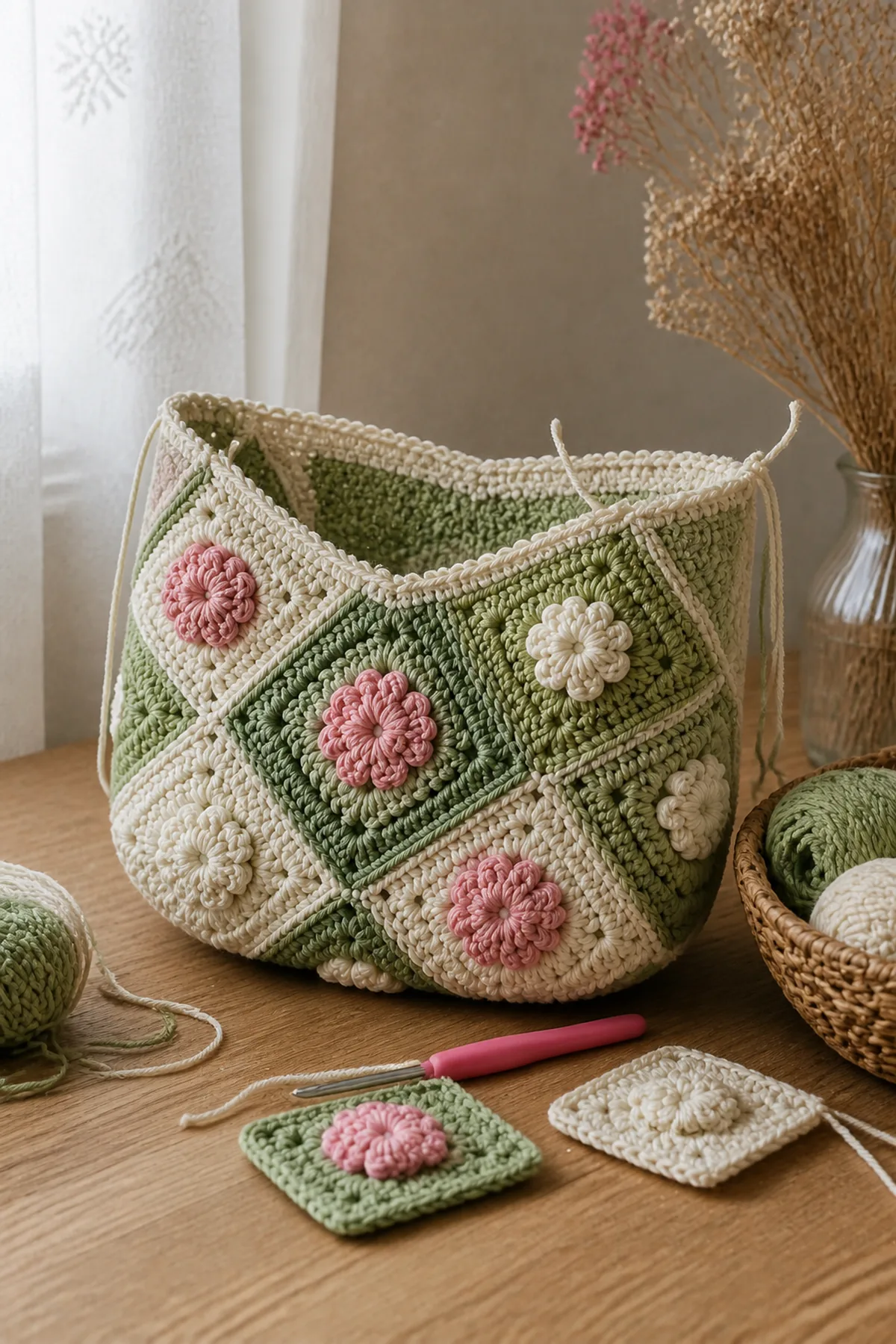 Mid-process crochet construction and shaping for floral patchwork crochet mini bag