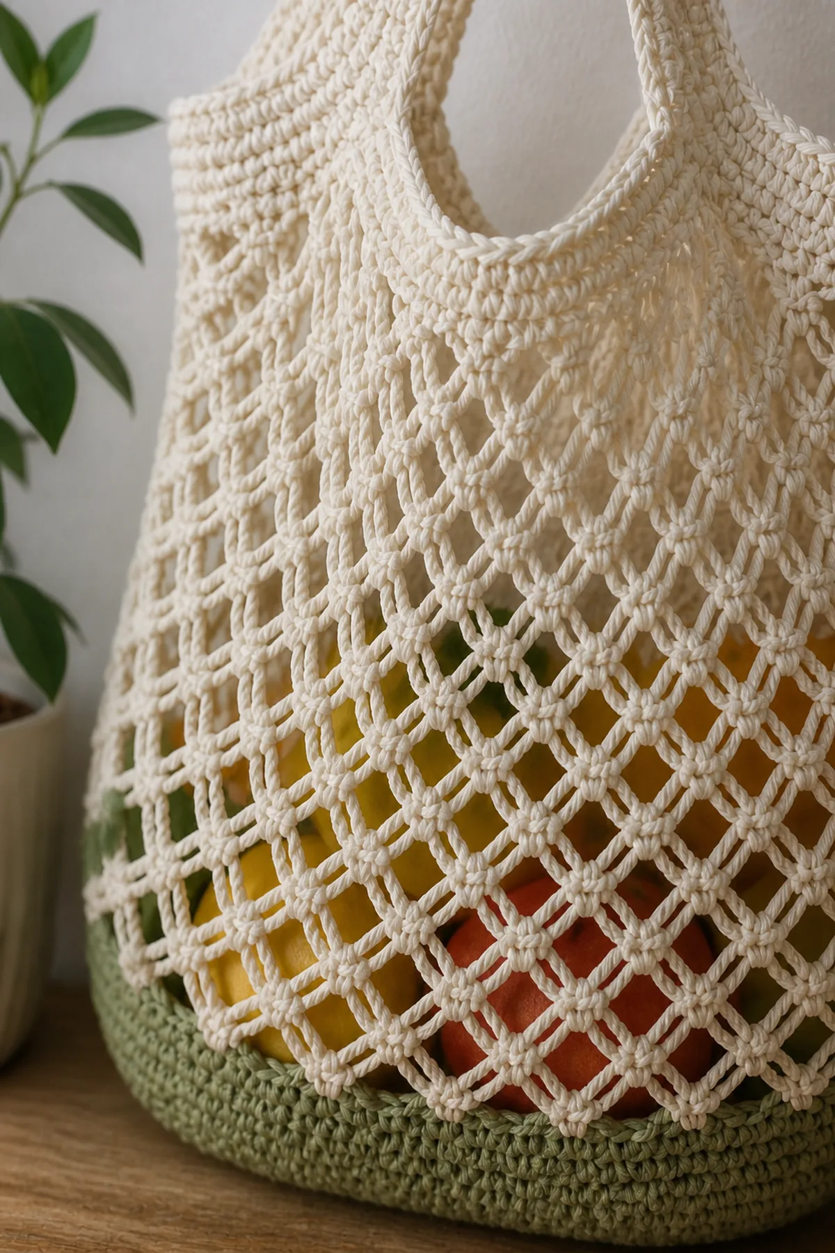 Close-up of the stitch texture and finishing details on market-day mini crochet net bag
