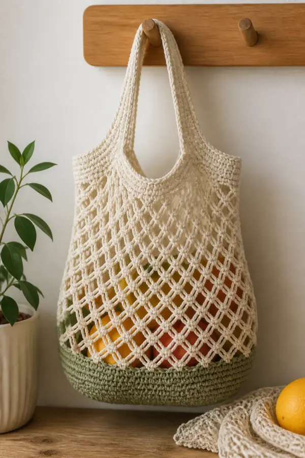 Finished market-day mini crochet net bag displayed with a clean handmade finish