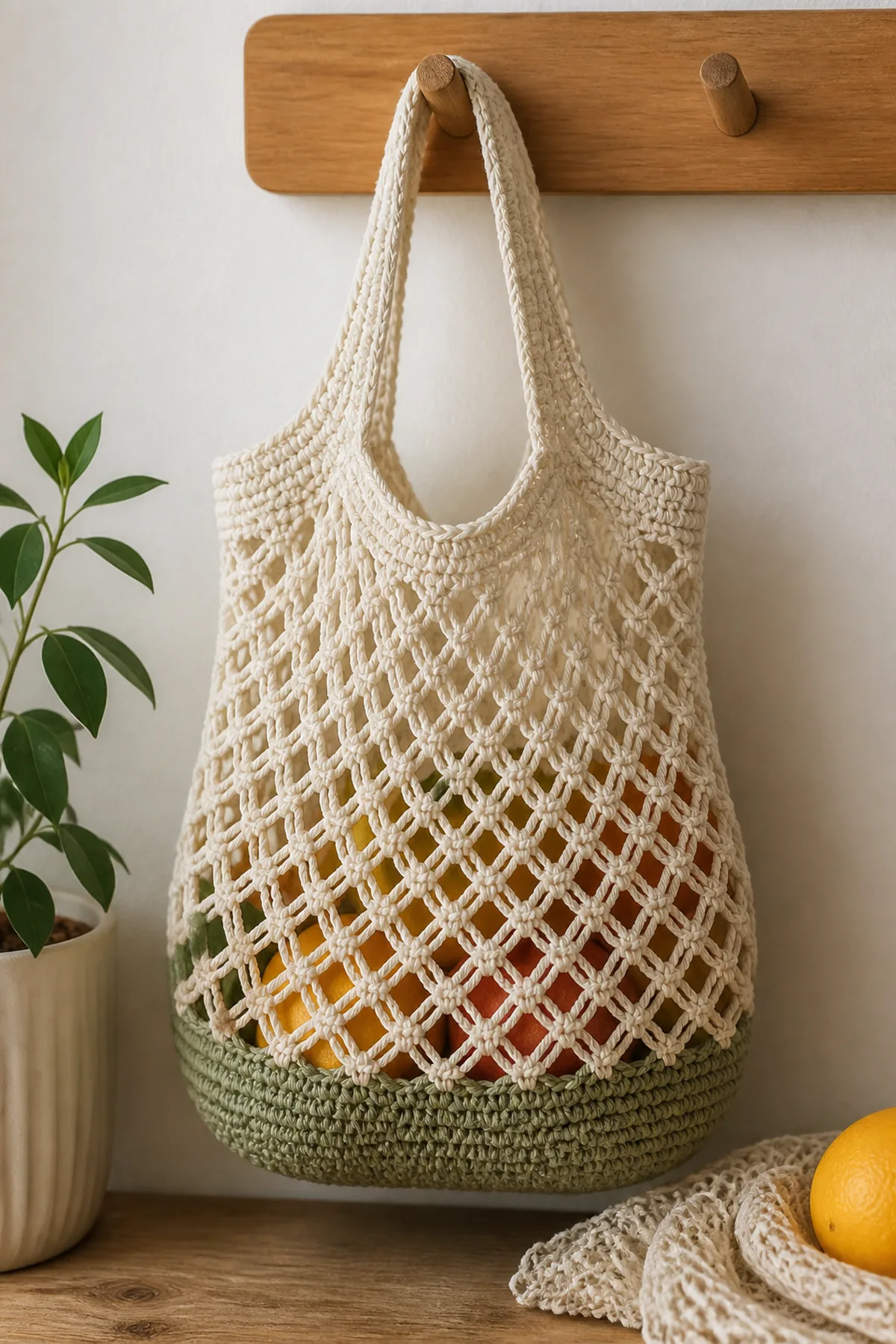Finished market-day mini crochet net bag displayed with a clean handmade finish