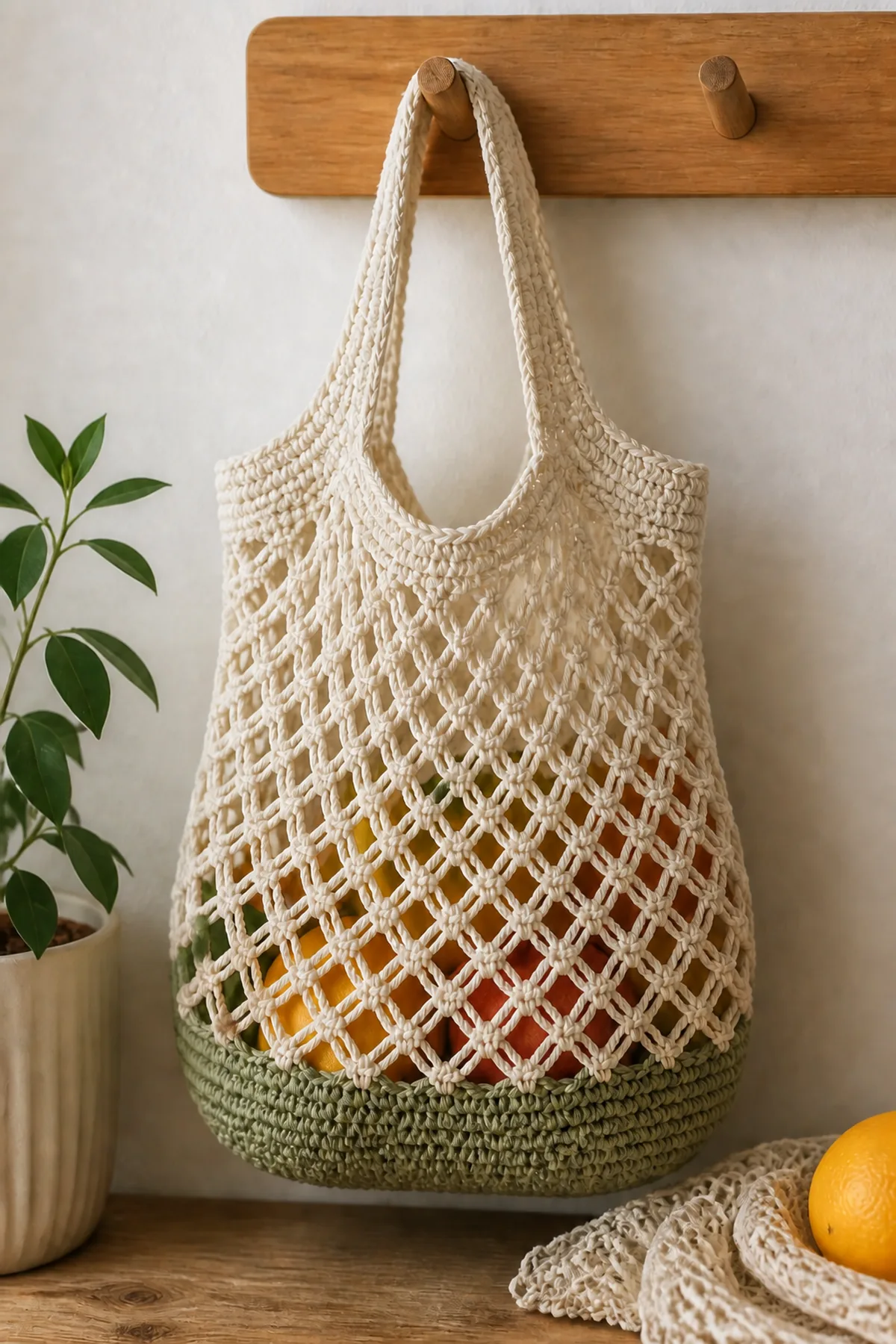 Finished market-day mini crochet net bag styled in a bright natural setting