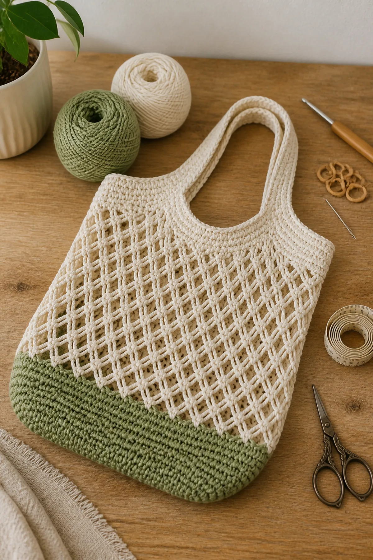 Yarn, crochet hook, stitch markers, yarn needle, tape measure, and scissors for market-day mini crochet net bag