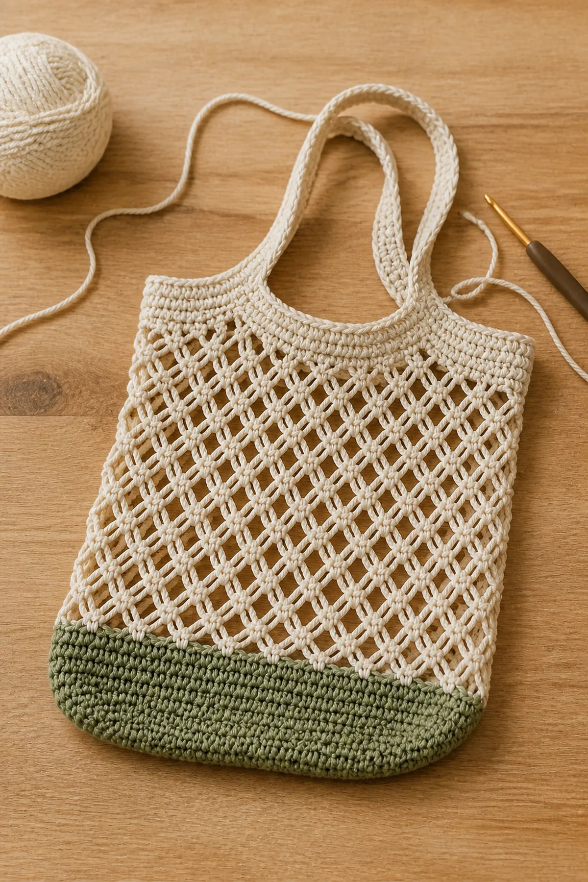Early crochet construction stage for market-day mini crochet net bag with working yarn and hook