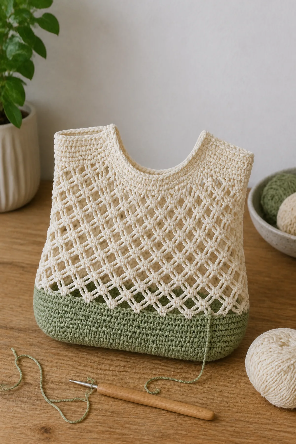 Mid-process crochet construction and shaping for market-day mini crochet net bag