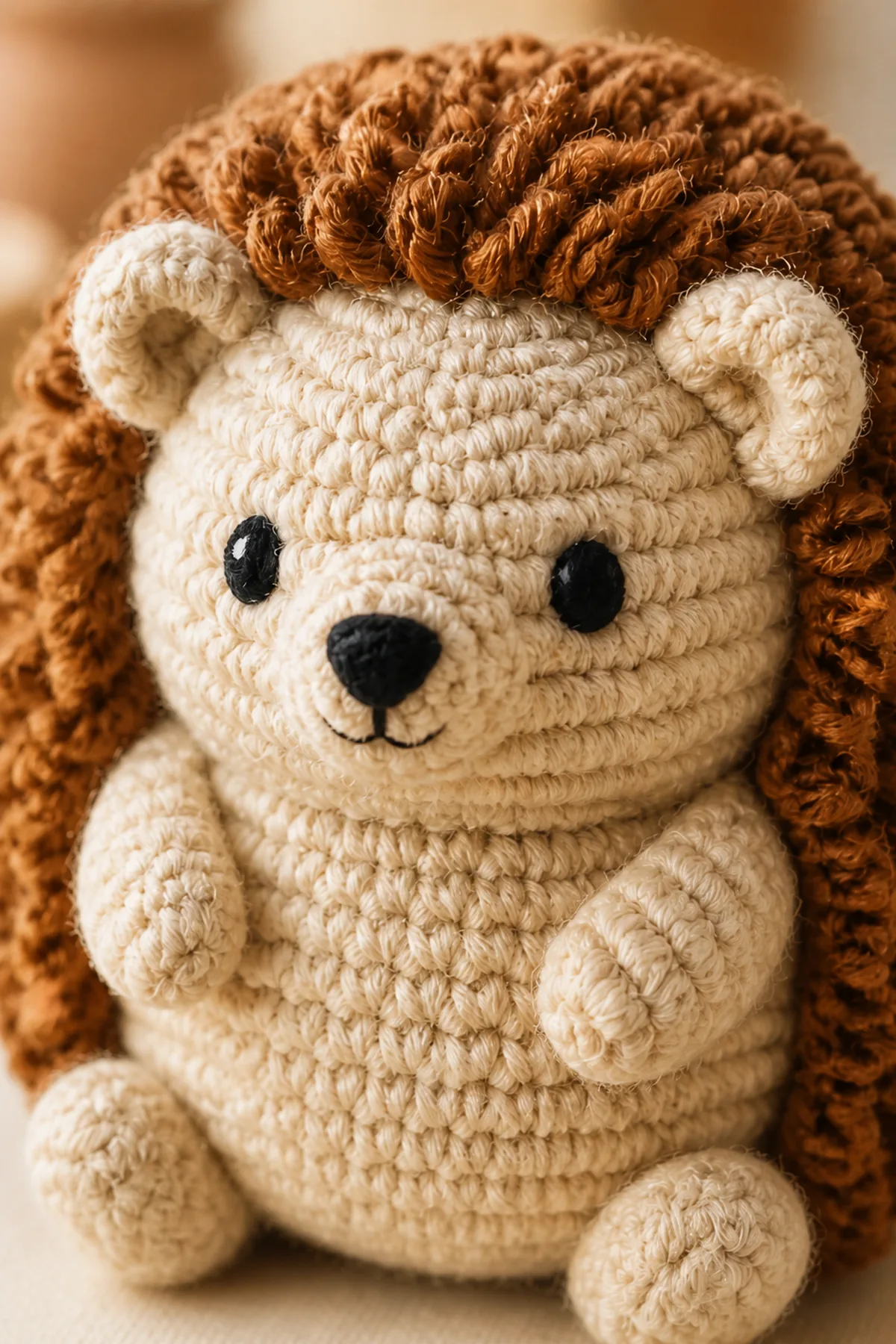 Close-up of the stitch texture and finishing details on mini crochet hedgehog amigurumi