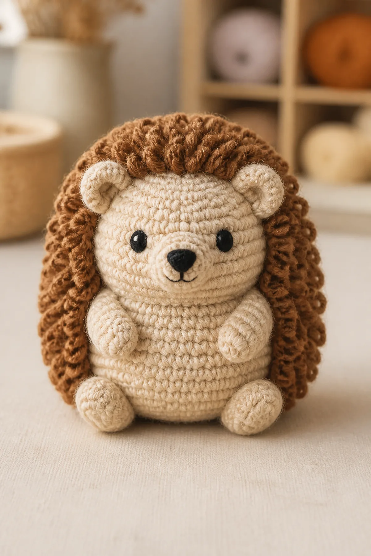 Finished mini crochet hedgehog amigurumi displayed with a clean handmade finish