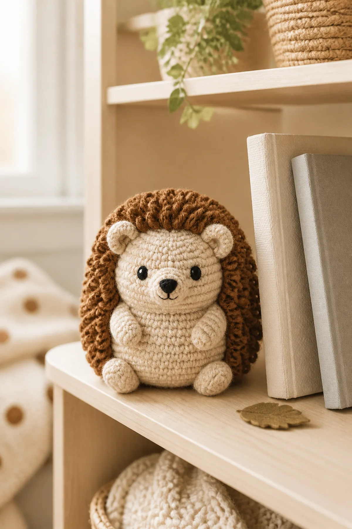 Finished mini crochet hedgehog amigurumi styled in a bright natural setting